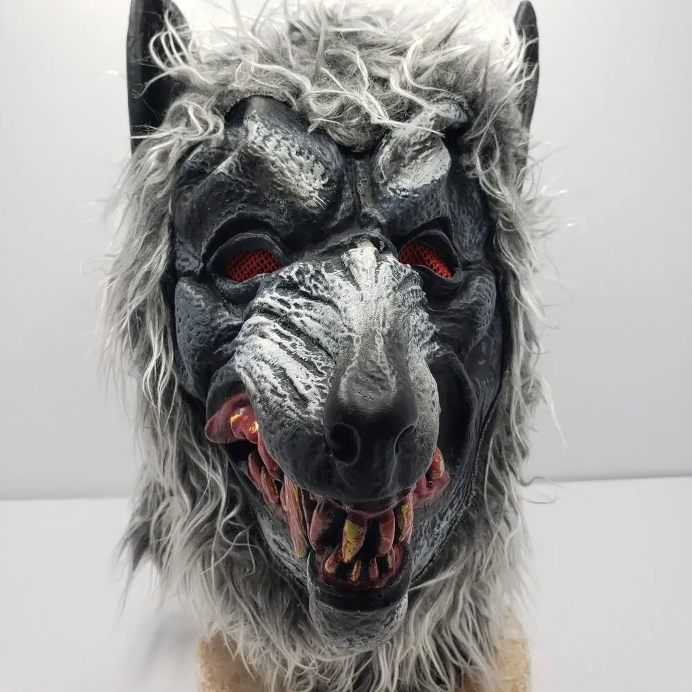 Hungry Howler Werewolf Mask Halloween Monster Full Head Faux Fur Fangs Grey OS